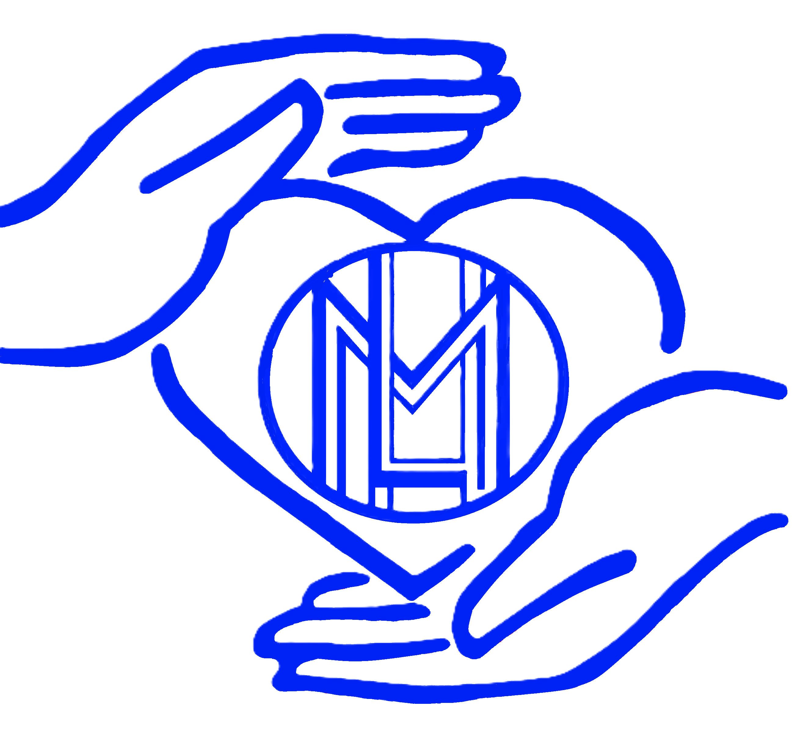 LMNHealth logo. Dark blue line picture of heart held by two hands with a circle containing stylised letters at the centre of the heart.