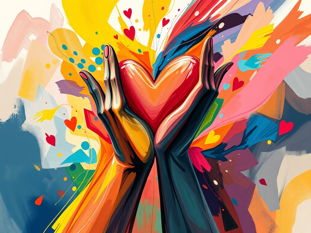 Abstract hands holding a heart with a colourful background