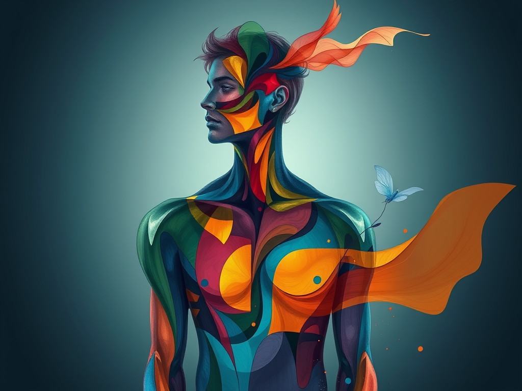 Abstract image of a young man, embodying the physical, mental, social, spiritual aspects of self. 