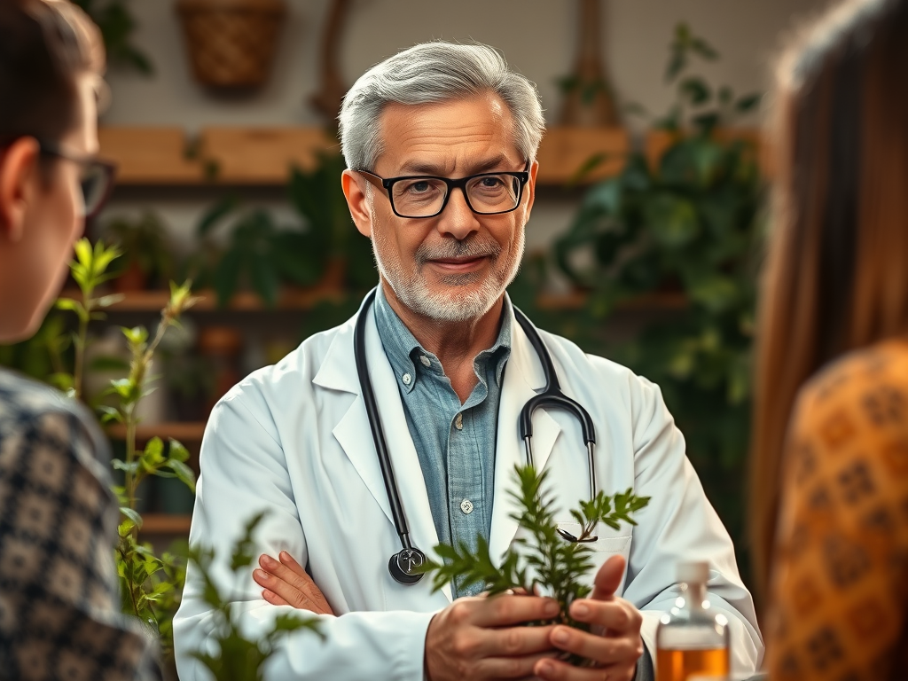 Drawing of grey haired, white male wearing white doctor's coat with stethoscope around his neck, holding a plant. There is an apothecary bottle in front of him to the left and two young people facing him. One of the young them is a young man with glasses and a checked shirt with short brown hair. The other person is a woman with long brown hair and a patterned shirt. Behind the old man are wooden shelves containing green leafy plants.