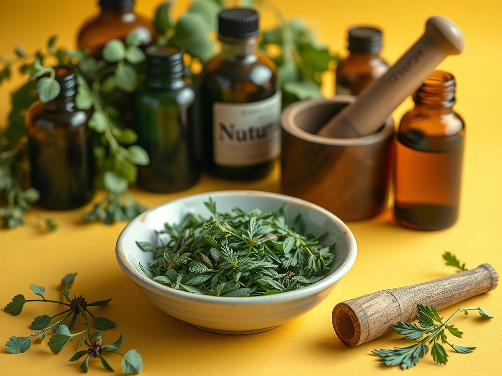 Cuttings of fresh herbs in a dish in front of a mortar, pestle and apothecary bottles with a yellow background.