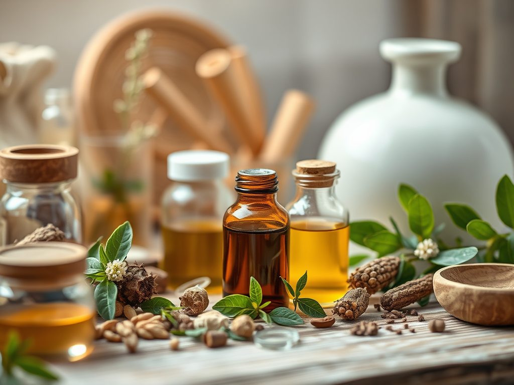 On a wooden table sits various apothecary bottles, jars, wooden dishes and pestles with plants and seeds scattered on the table.