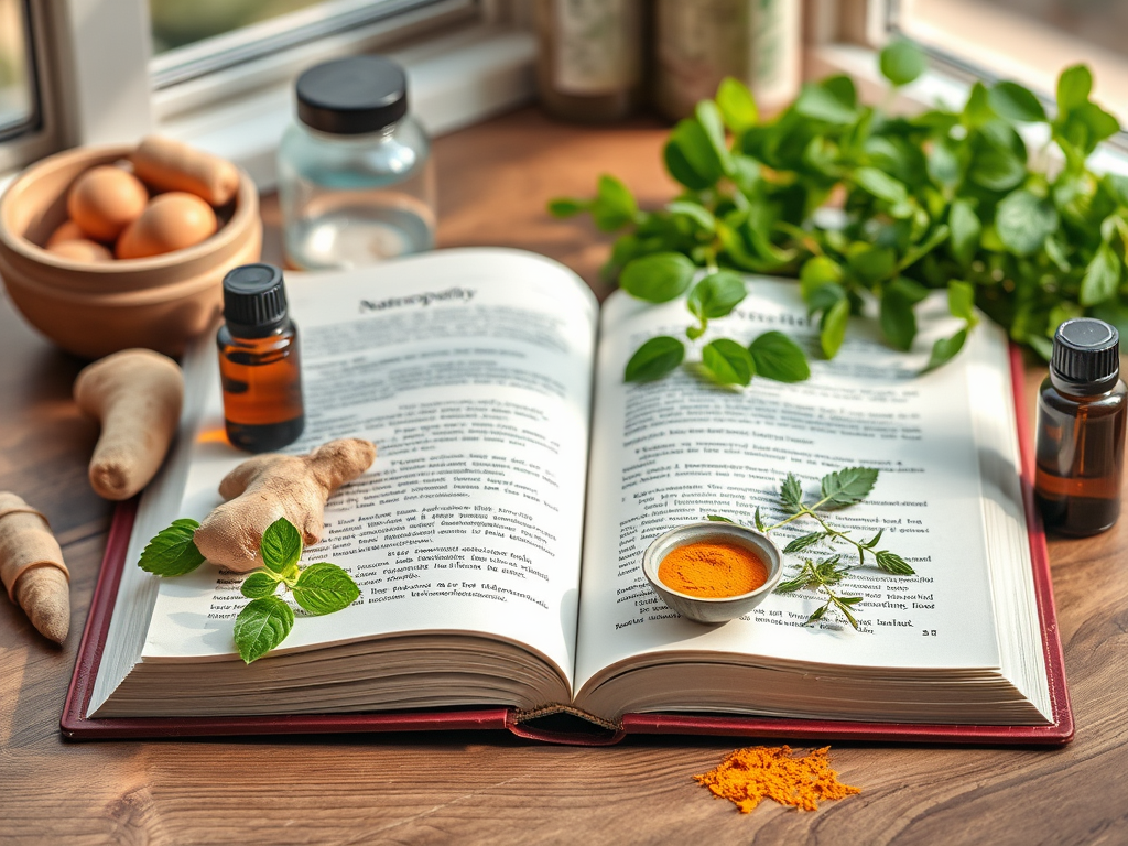 Large book open on wooden desk with plants, roots and ground herbs on it with a small apothecary bottle. In the background are more bottles, plants, roots and a bowl containing egg shaped objects.