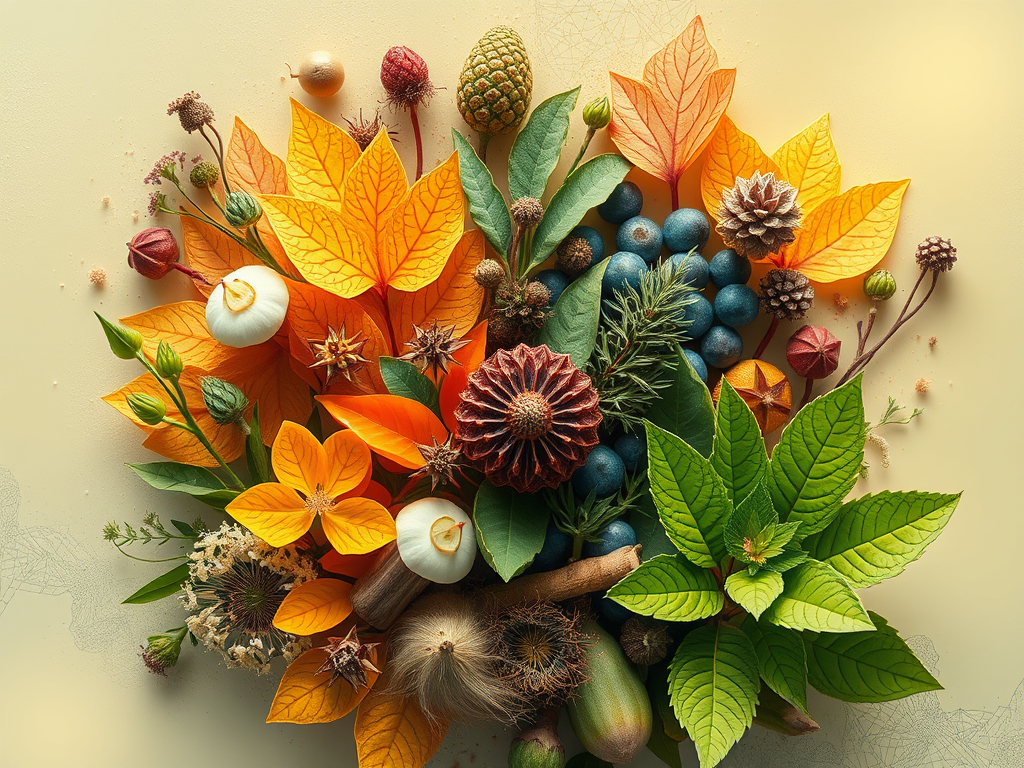 Overhead view of a bouquet of plants on a cream background.