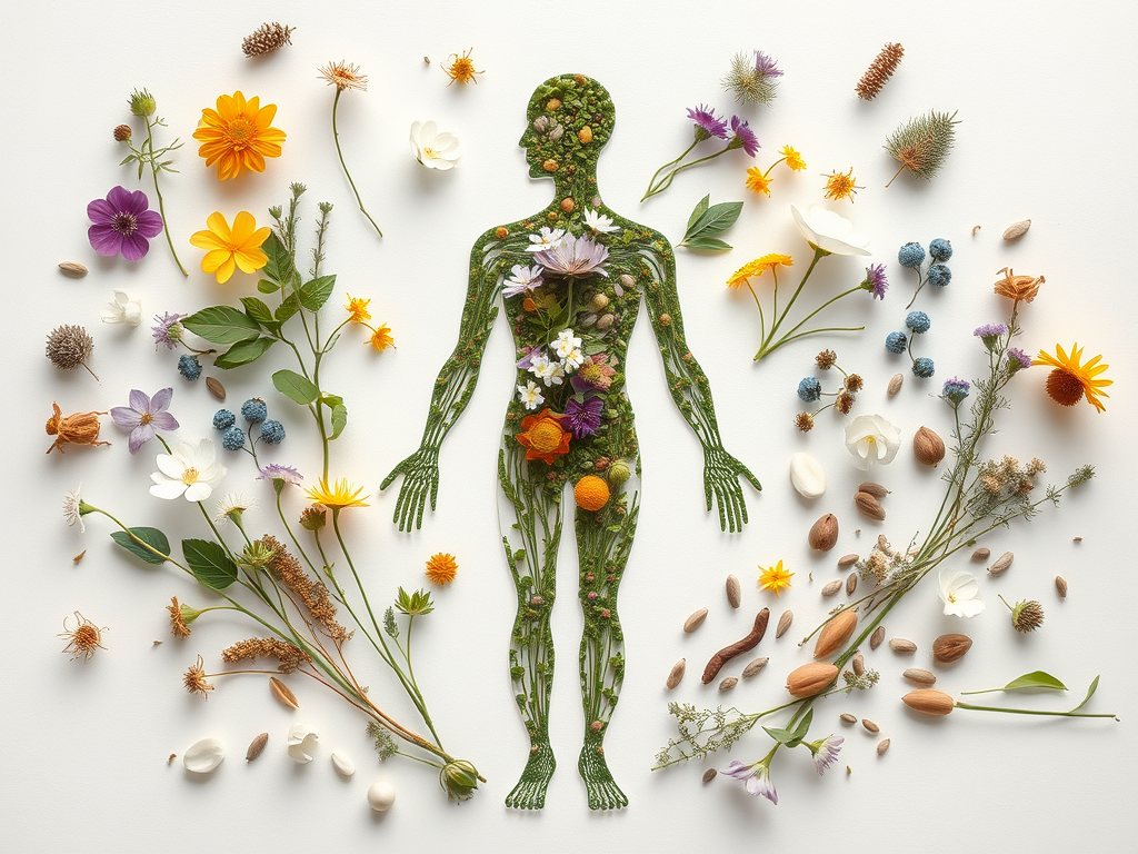 Outline of human body made of green plant material and flowers, surrounded by herbal flowering plants and seeds.