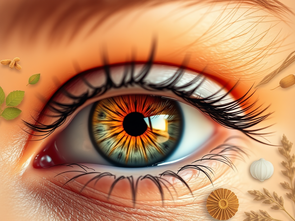 close up of an eye with long black lashes. The eye iris is blue, light brown and black. Either side of the eye has pictures of plant parts around it.