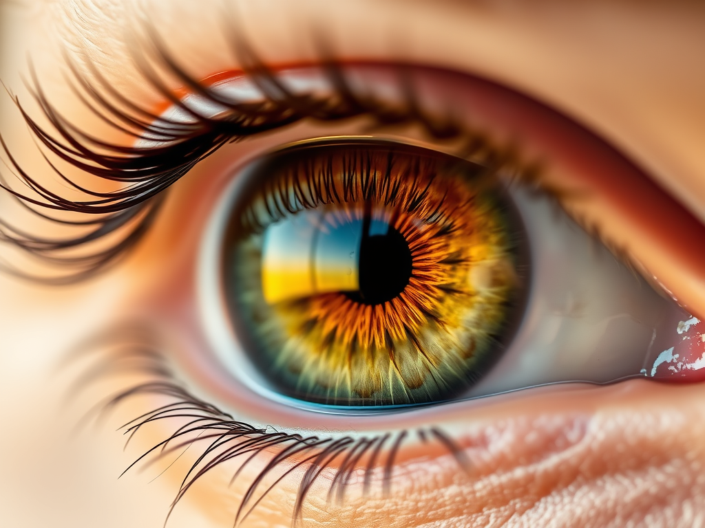 Close up of a hazel eye with long black lashes. 