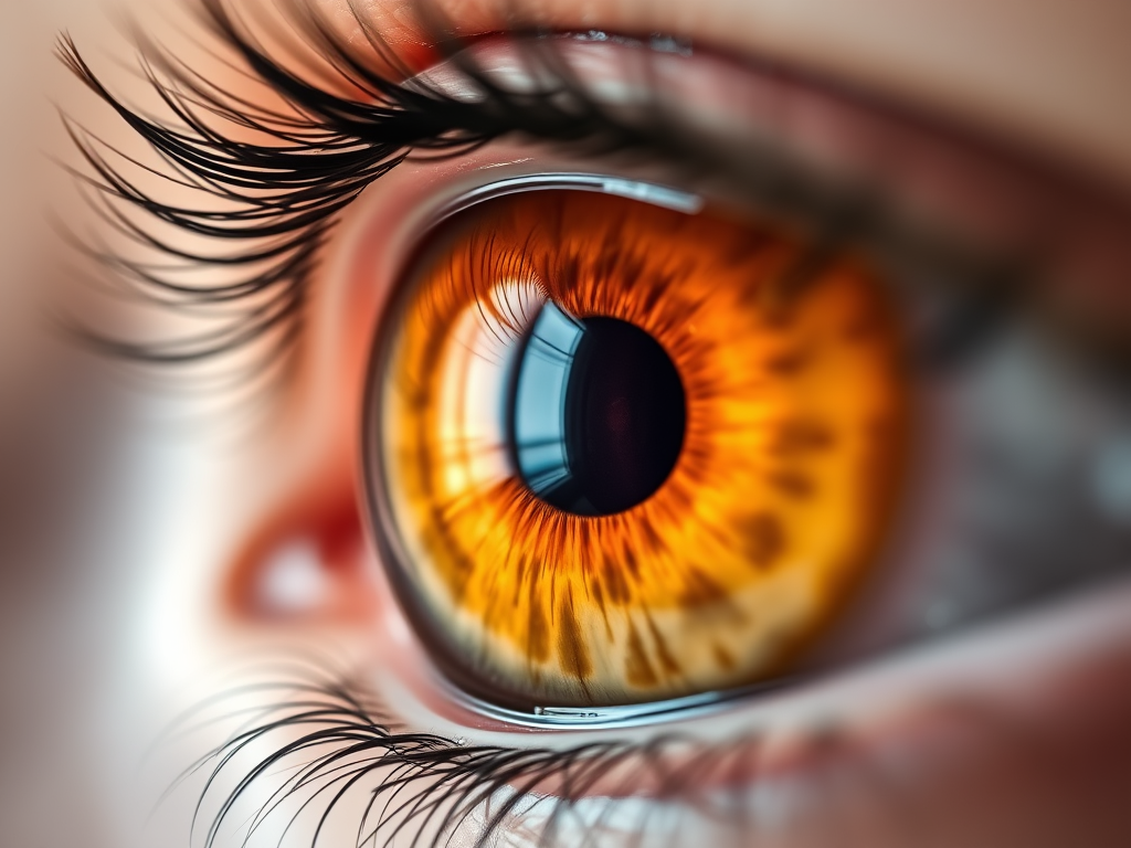 Close up of an eye with long black lashes and a light brown iris.