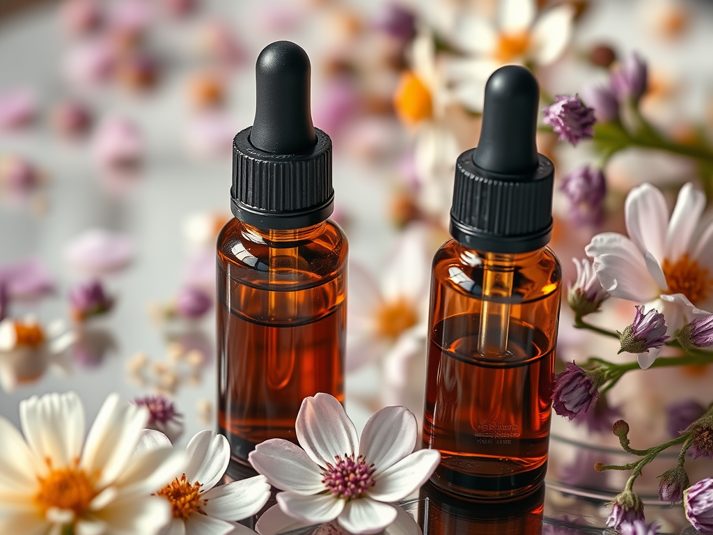 Small brown dropper bottles filled with liquid surrounded by small white and pink flowers with yellow centre floating on water.