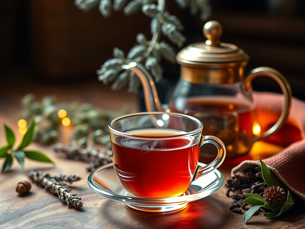 Class cup of herbal tea in front of glass tea pot containing tea on a wooded table with various herbs and spices.