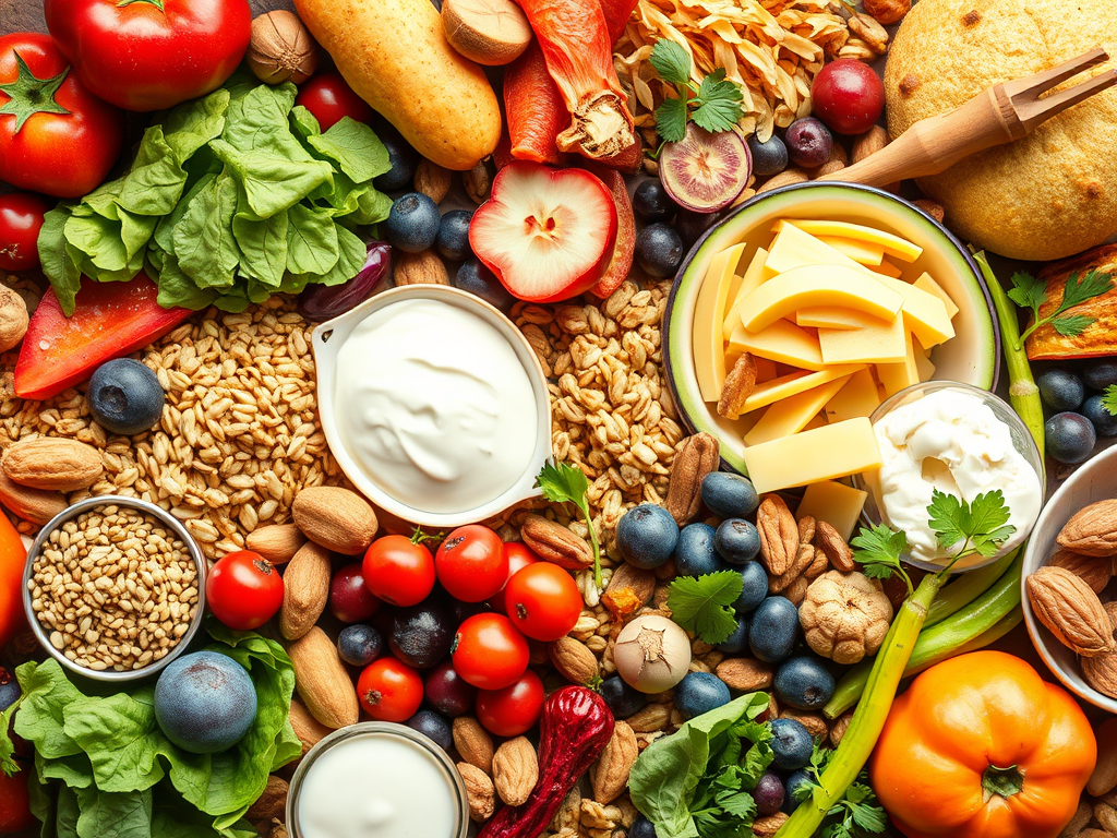 Colourful variety of healthy food including fruit, vegetables, grains, nuts, seeds, legumes, protein and dairy.