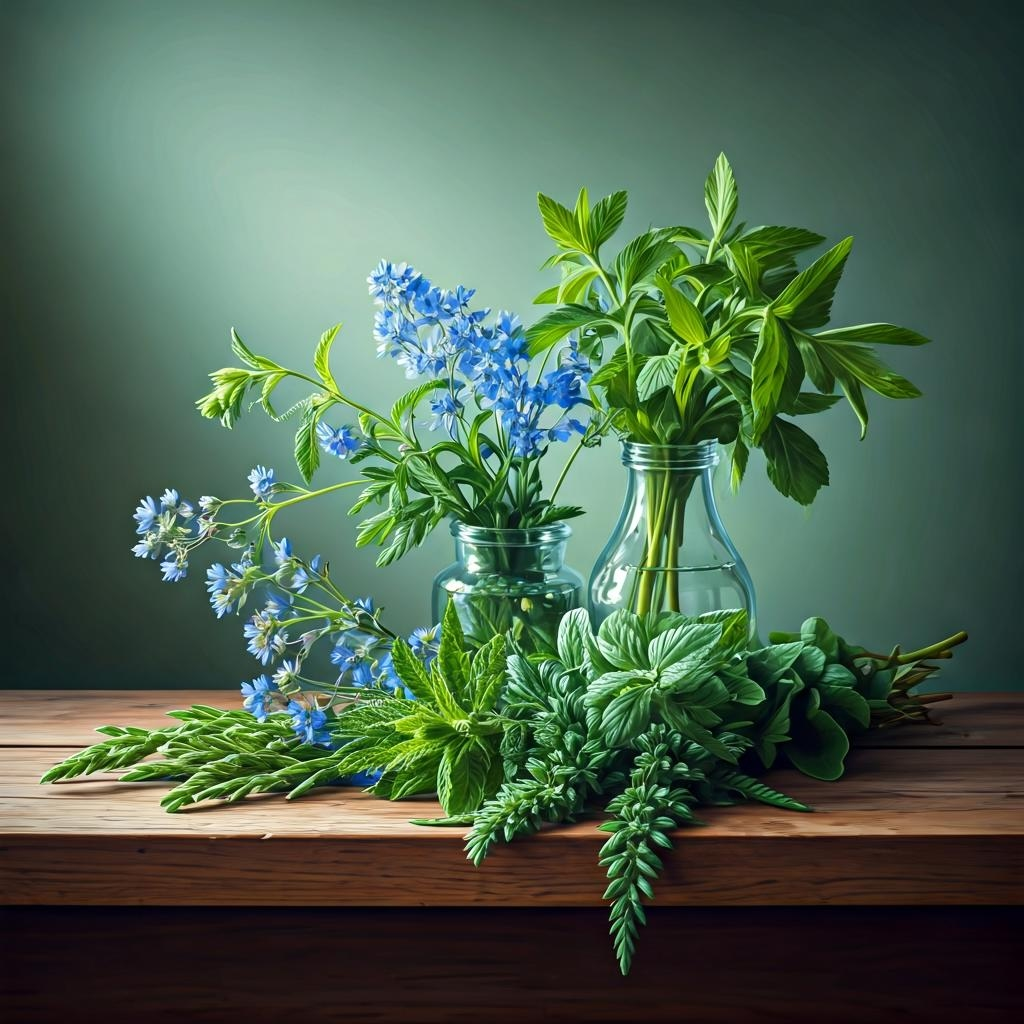 Green leave and blue blowers in beakers on a bench with a dark green background